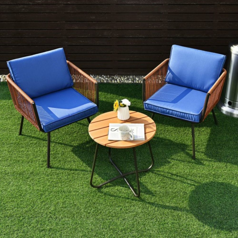 3-Piece Metal Outdoor Bistro Patio Furniture Set with Armrest and Blue Cushions