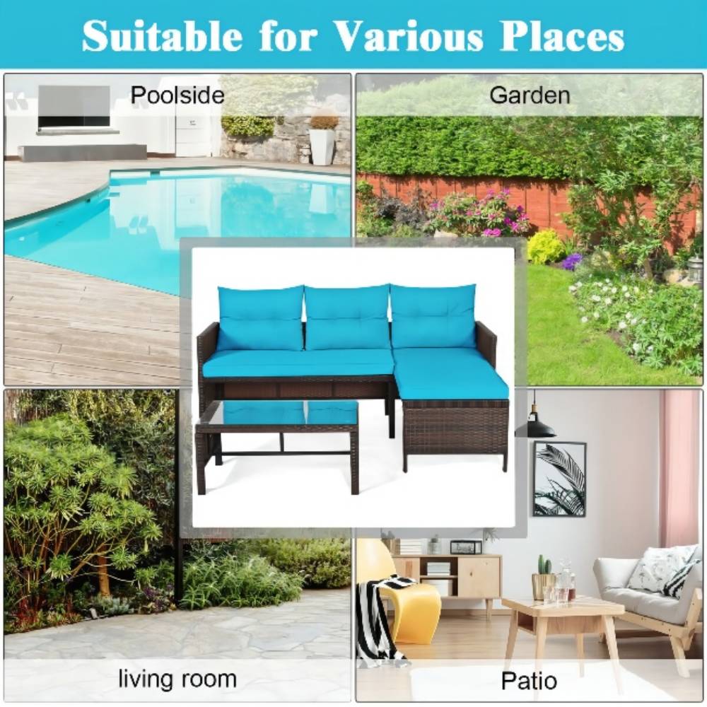 3-Piece Wicker Outdoor Corner Sectional Sofa Set with Turquoise Cushions and Coffee Table