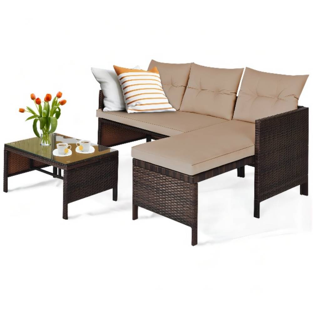 3-Piece Wicker Outdoor Corner Sectional Sofa Set with Beige Cushions and Coffee Table