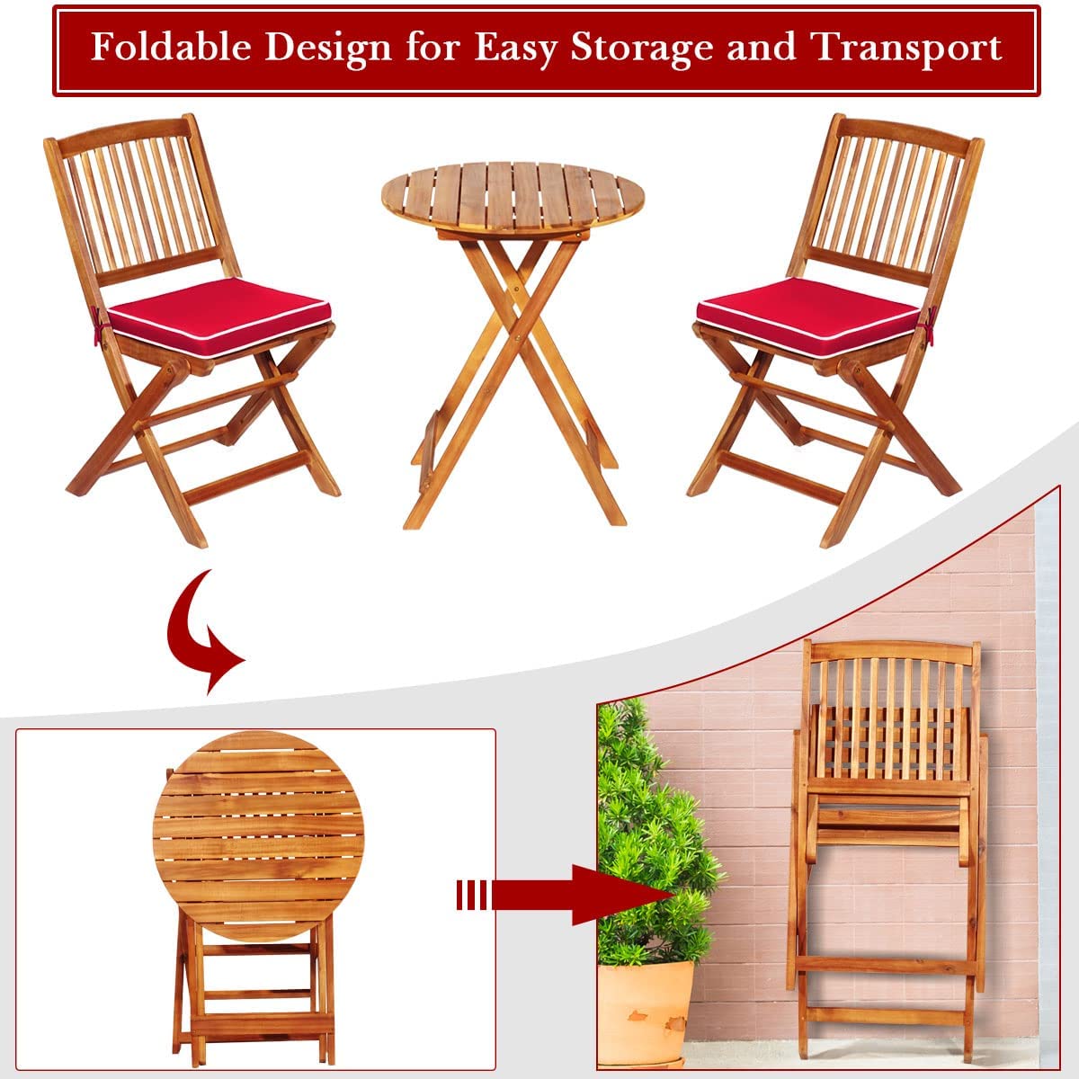 3-Piece Patio Folding Wooden Outdoor Bistro Set with Red Cushions