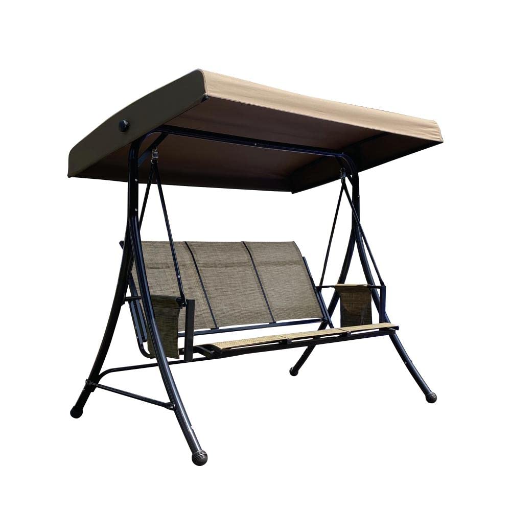 SUGIFT 3-Person Luxury Outdoor Porch Swing Chair With Side Bags and Adjustable Tilt Canopy in Brown