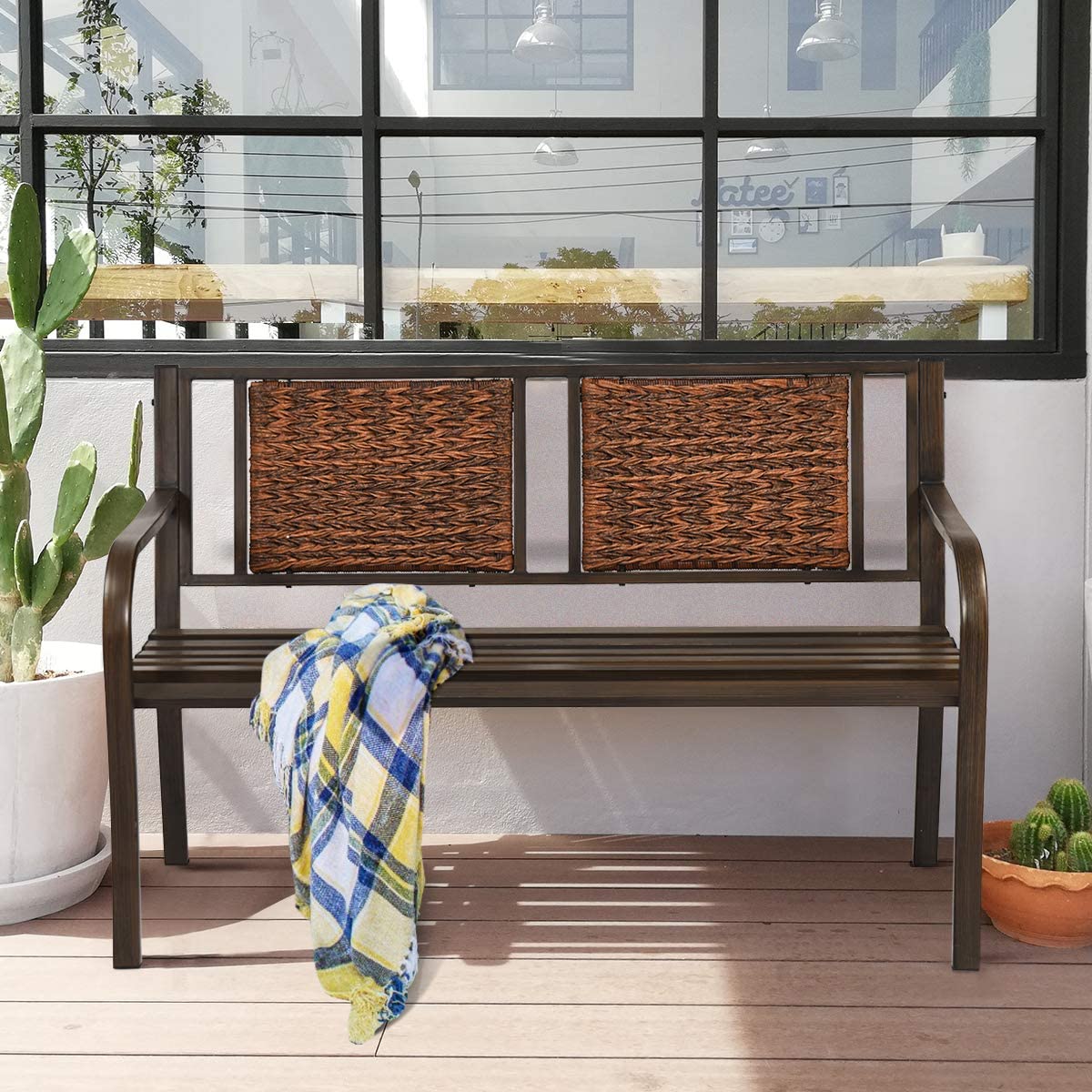 50.5 in. 2-Person Rattan Metal Outdoor Porch Patio Garden Bench
