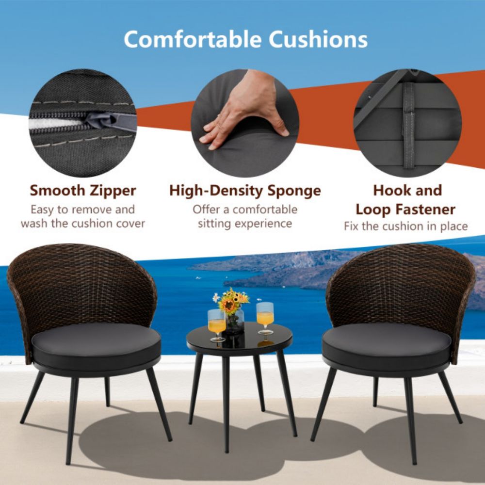 3-Pieces Rattan Outdoor Patio Conversation Set with Black Cushions