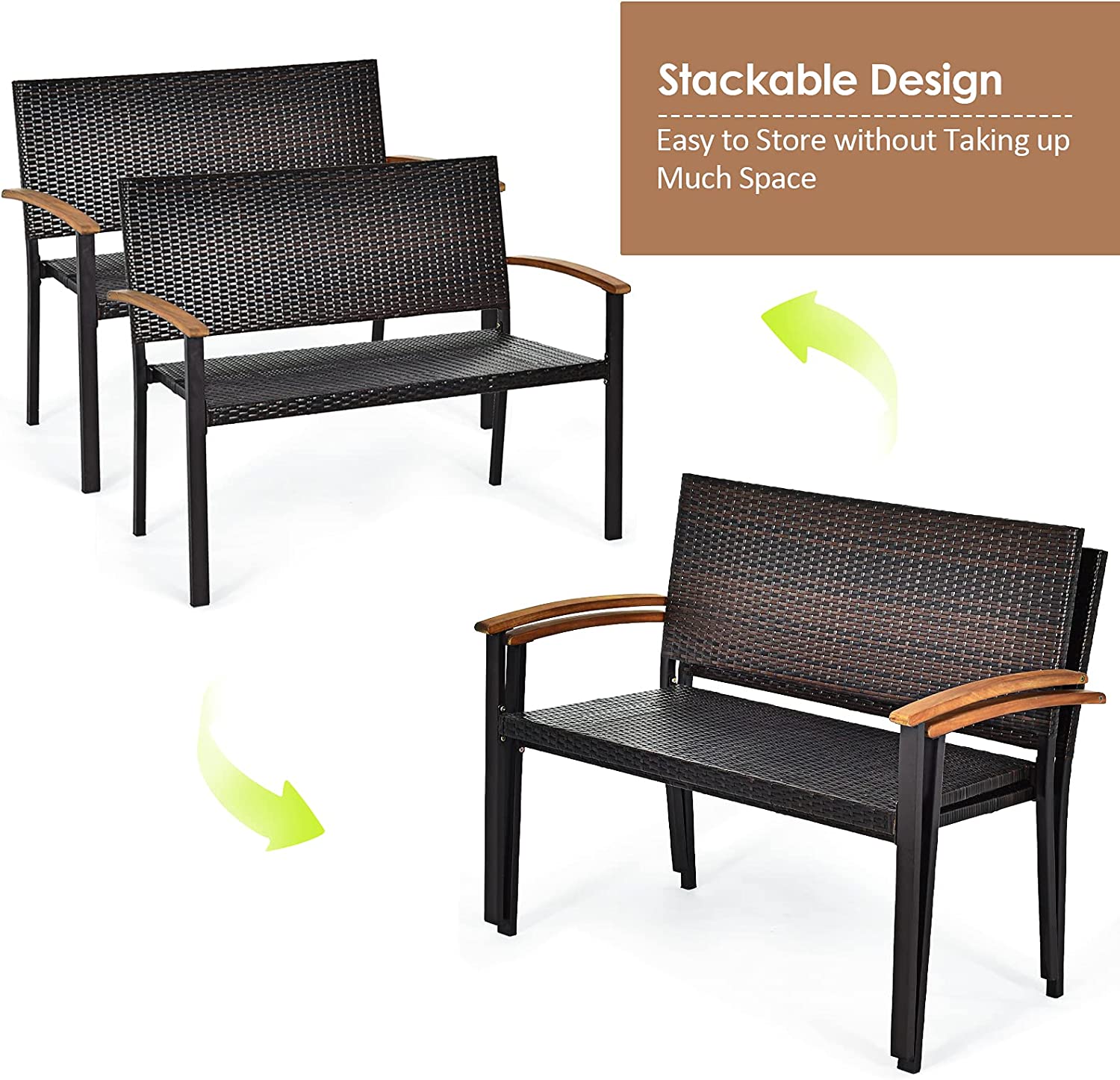 45 in. Outdoor Patio Rattan Wicker Bench with Acacia Armrest