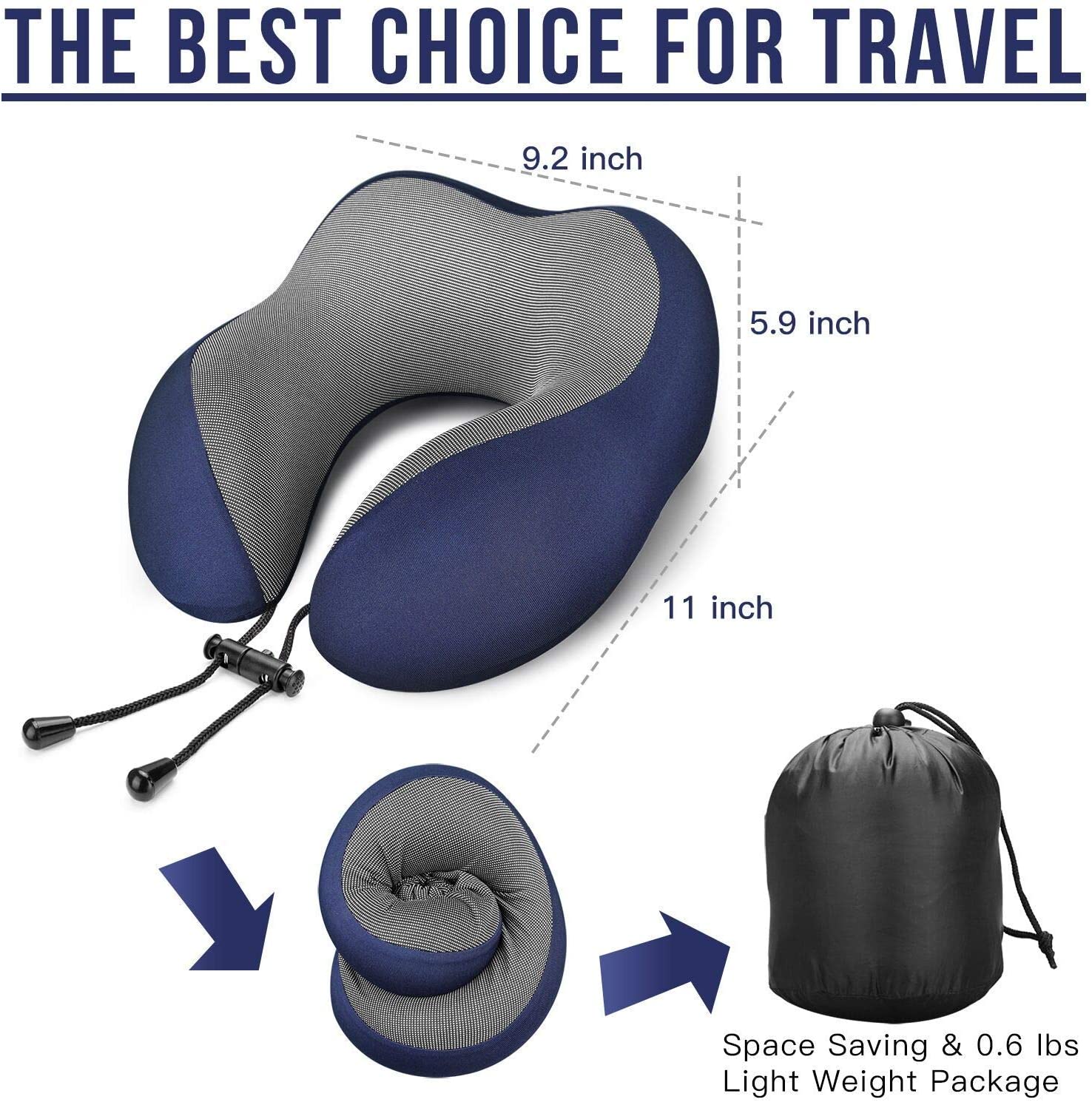 SUGIFT Travel Pillow 100% Pure Memory Foam Neck Pillow, Comfortable & Breathable Cover, Machine Washable, Airplane Travel Kit with 3D Contoured Eye Masks, Earplugs, and Luxury Bag, Standard (Blue)