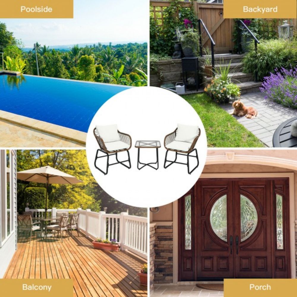 3-Piece Wicker Outdoor Bistro Bistro Set with White Cushion and Glass Table