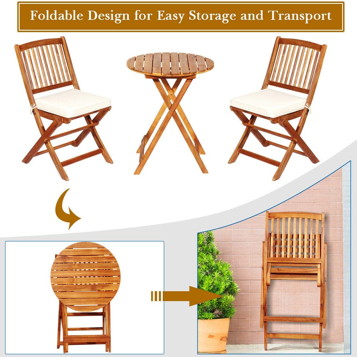 3-Piece Patio Folding Wooden Outdoor Bistro Set with Off White Cushions