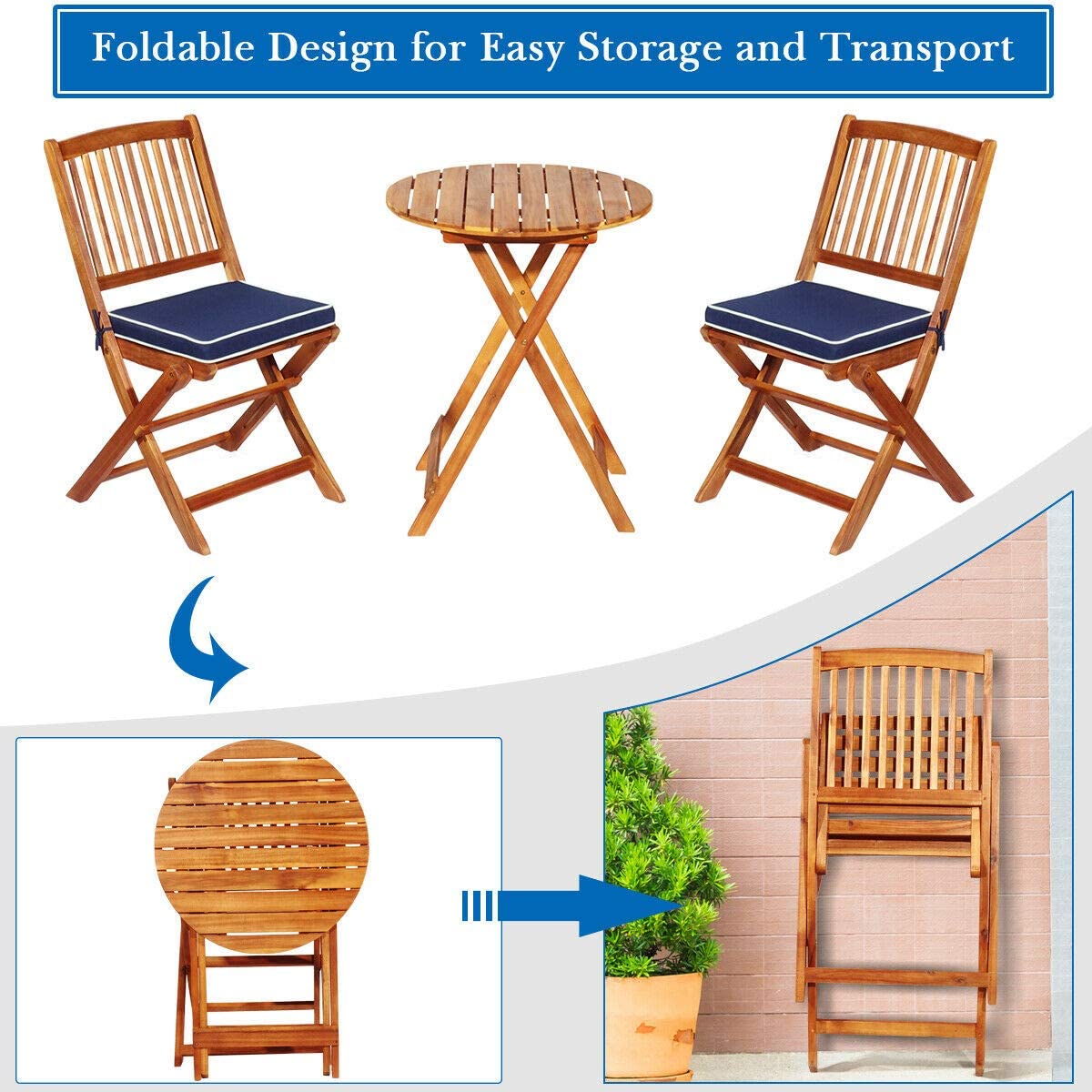3-Piece Patio Folding Wooden Outdoor Bistro Set with Blue Cushions