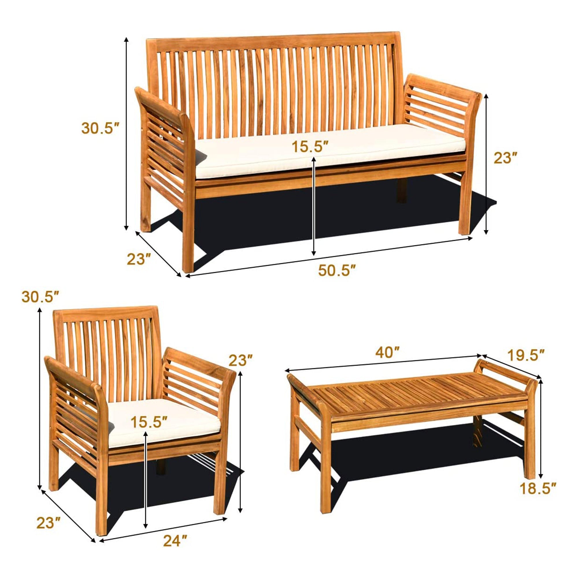 4-Piece Acacia Wood Outdoor Conversation Set with White Cushions