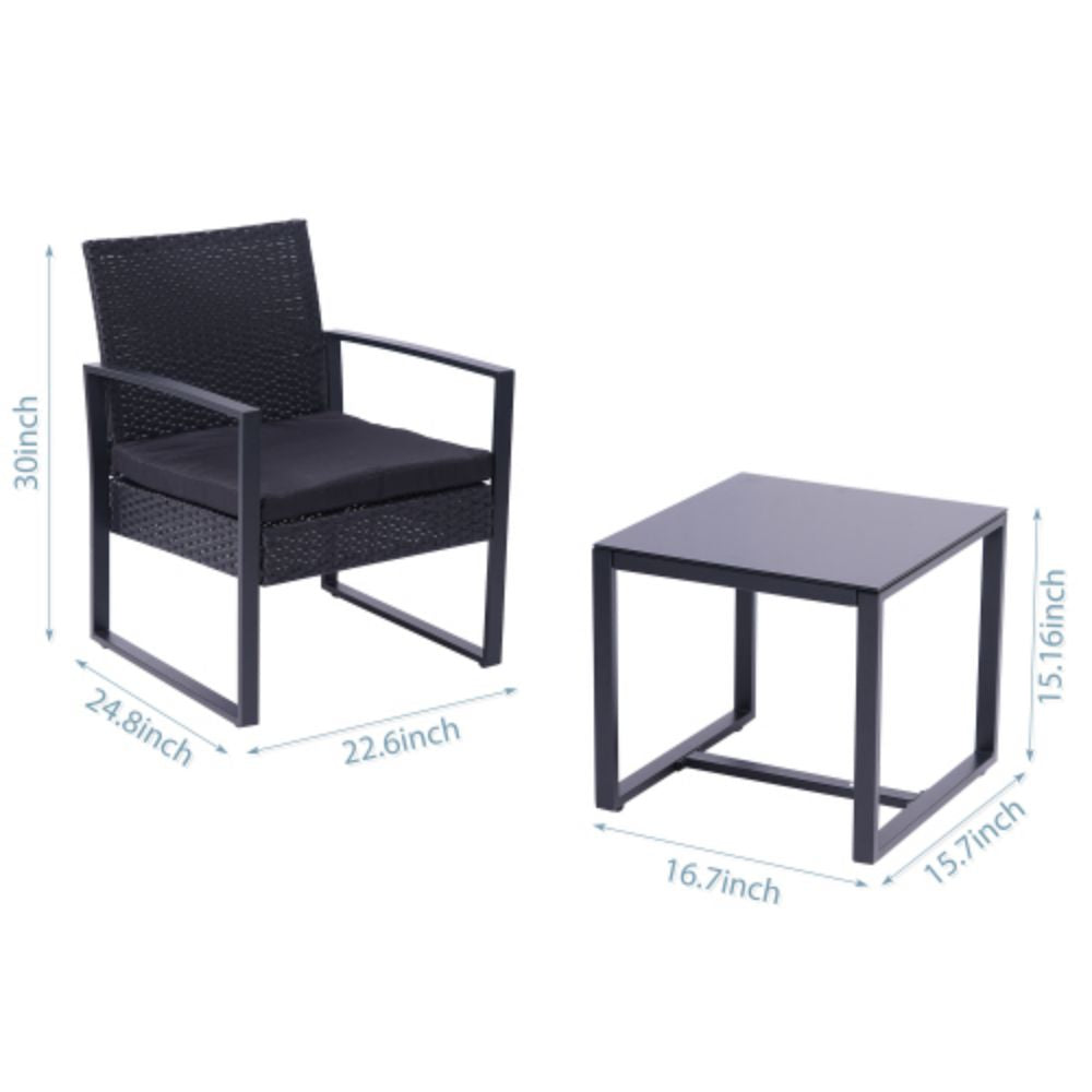 3-Piece Rattan Wicker Outdoor Patio Conversation Set with Black Cushion