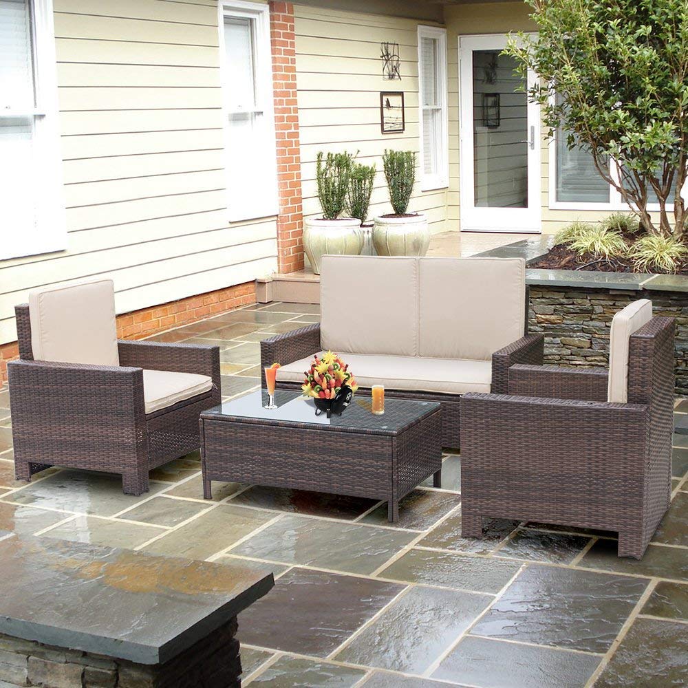 SUGIFT 4 Pieces Outdoor Patio Furniture Sets Rattan Chair Wicker Conversation Sofa Set, Outdoor Indoor Backyard Porch Garden Poolside Balcony Use Furniture, Beige