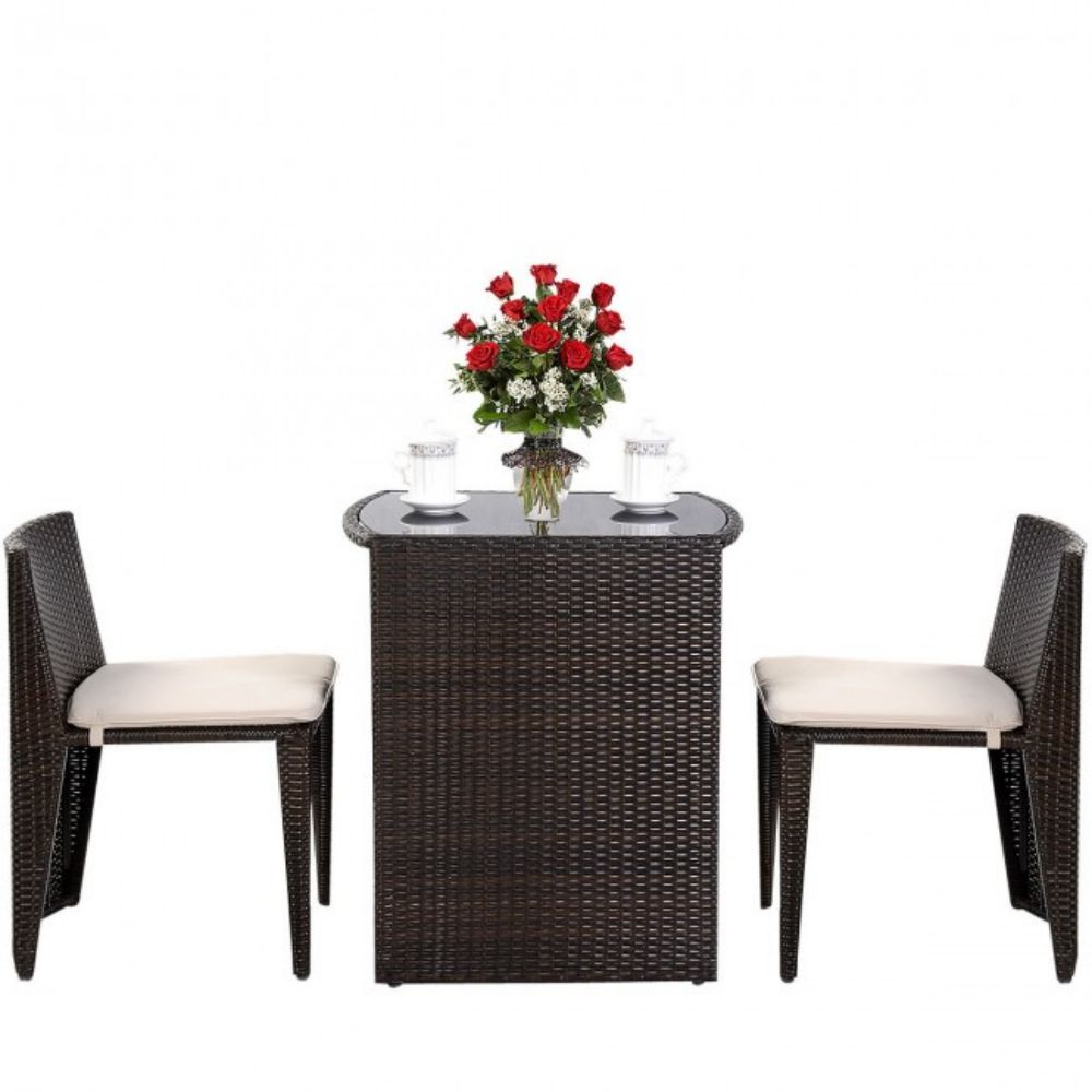 3-Pieces Wicker Patio Cushioned Outdoor Chair and Table Set with Beige Cushion