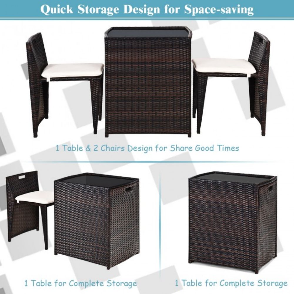 3-Pieces Wicker Patio Outdoor Chair and Table Set with Beige Cushions