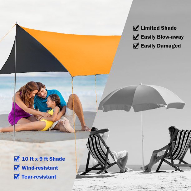 SUGIFT 10'x10' Portable Sun Shelter Beach Tent Canopy with 6 Sandbags, Orange