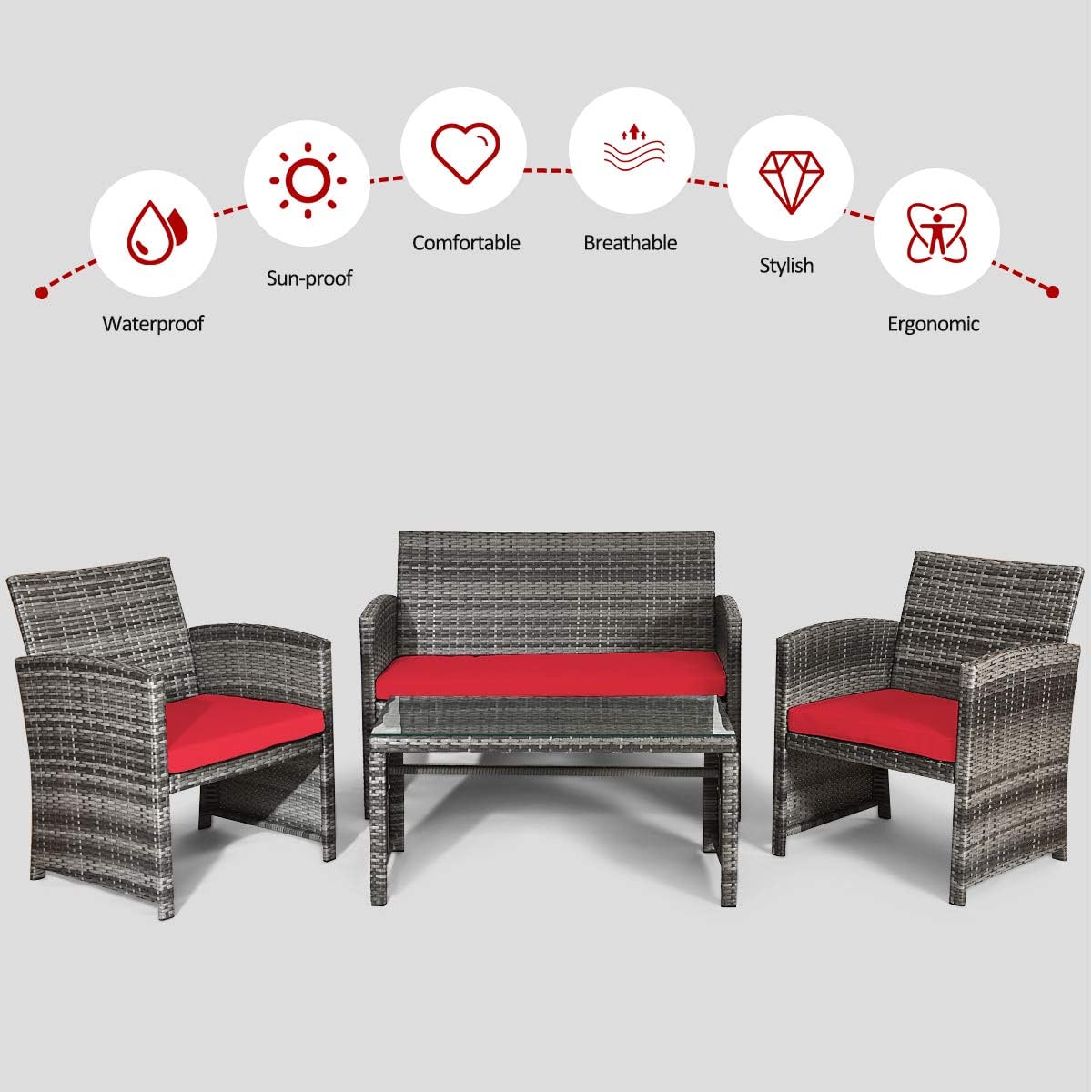 4-Piece Outdoor Wicker Conversation Furniture Set with Red Cushions and Tempered Glass Table
