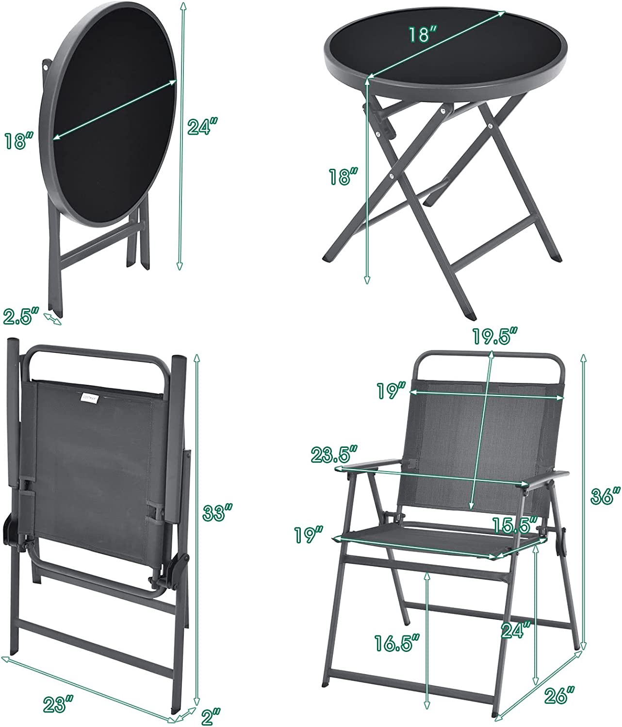 Gray 3-Pieces Metal Patio Outdoor Set with Folding Table and Chairs