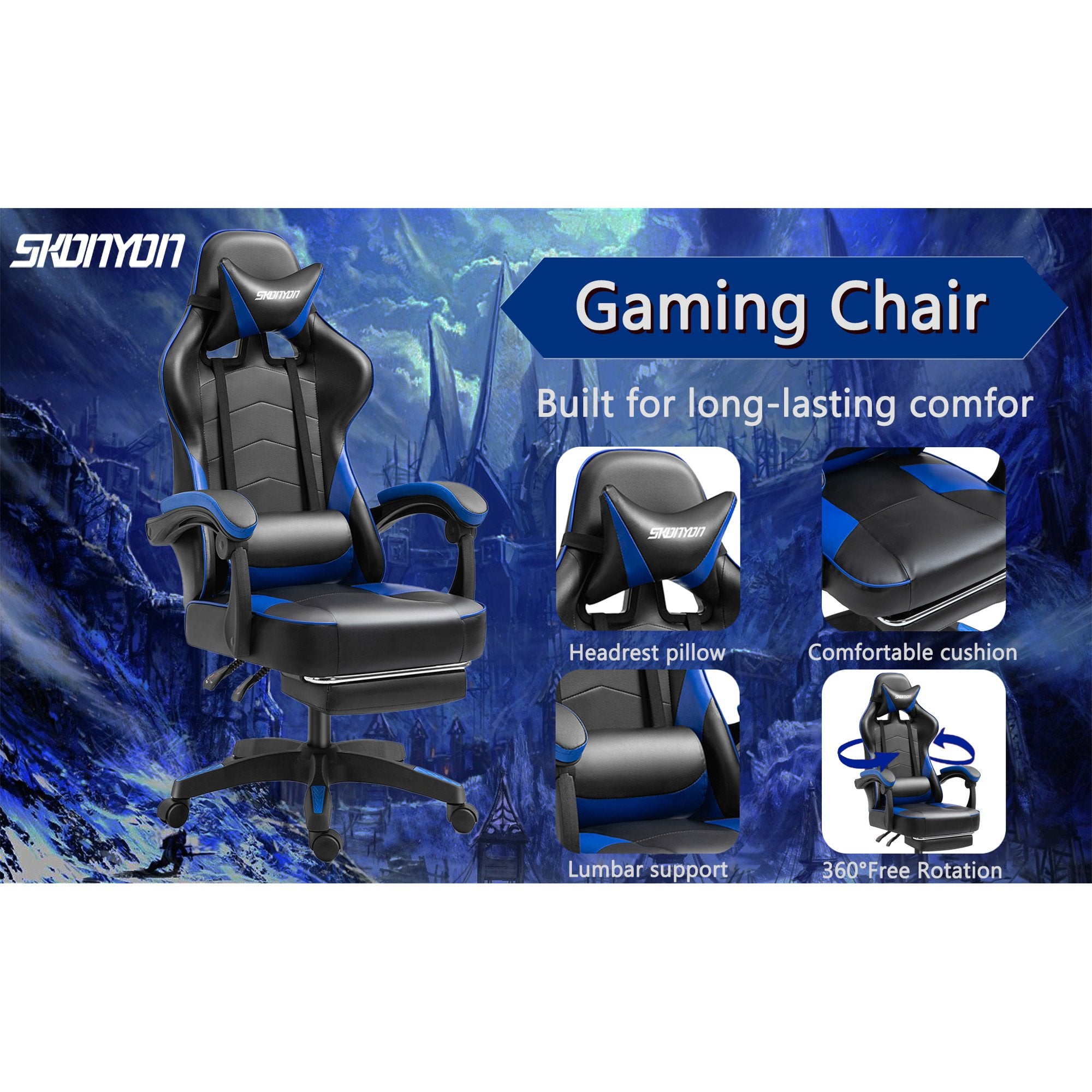 SUGIFT Gaming Chair Office Chair Ergonomic PC Computer Chair Reclining Racing Chair with Headrest and Lumbar Support Gaming Chair for Adults Men Women Teens Desk Chair (Black+Blue)