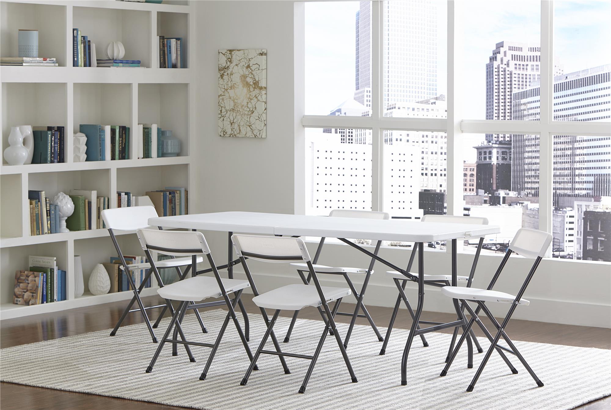 SKONYON Folding Chair with Molded Seat and Back White Speckle (4-pack)