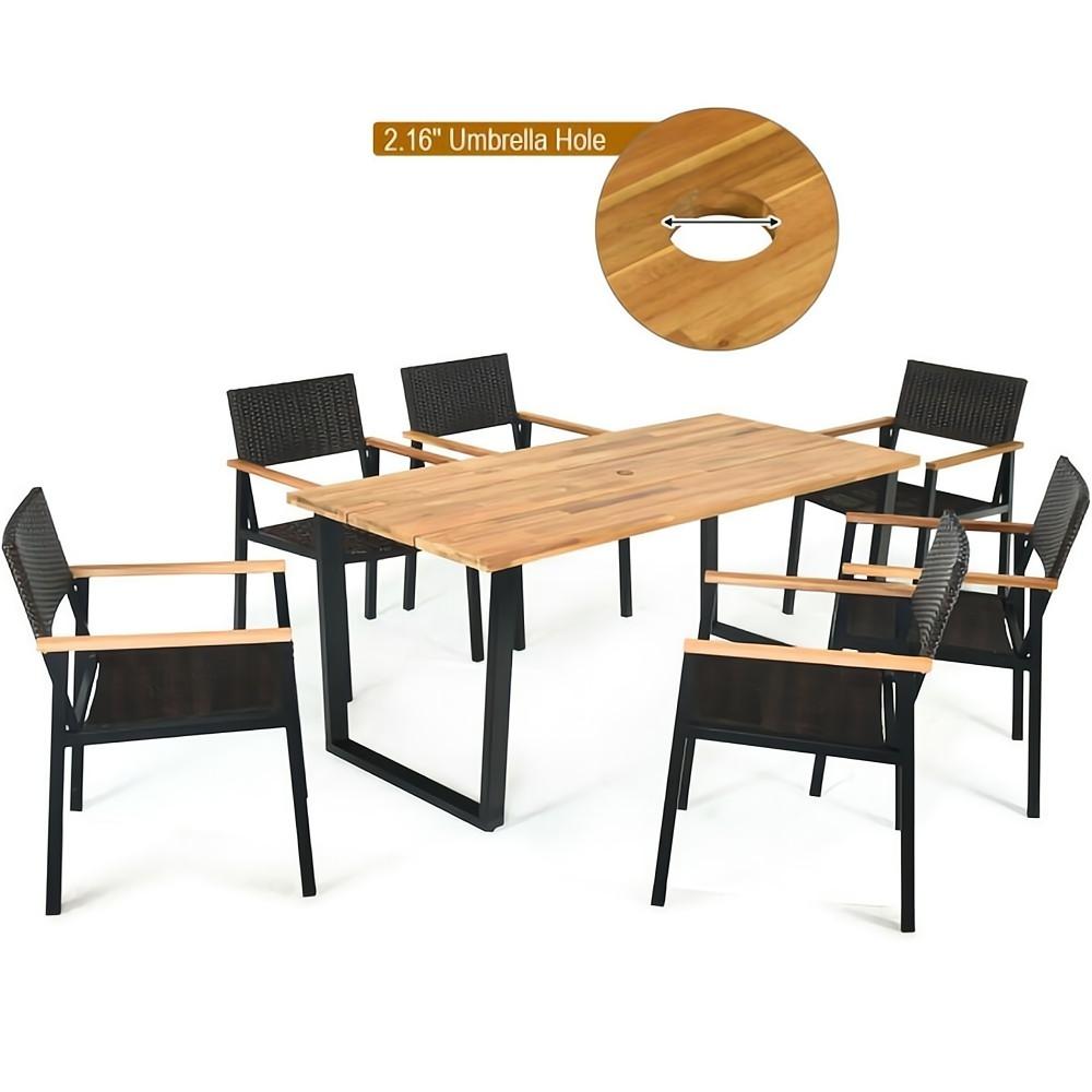 7-Piece Outdoor Patio Rattan Dining Set with Rectangular Table and Arm Chairs