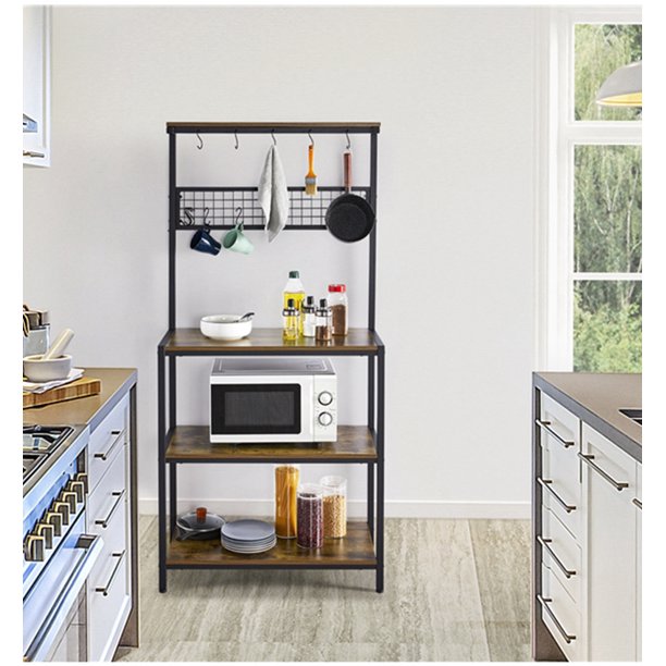 SUGIFT Wooden Kitchen Bakers Rack with 4 Storage Shelves 10 Hooks Rustic Brown
