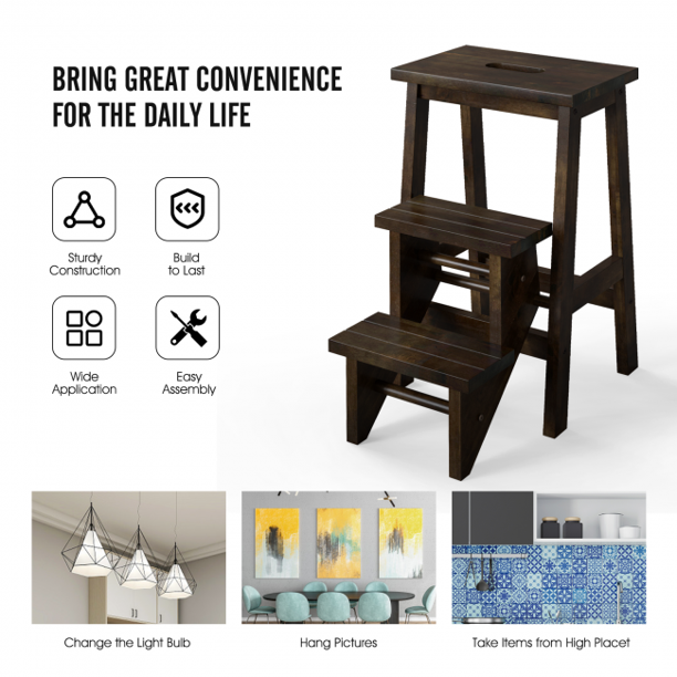 3-in-1 Rubber Wood Step Stool with Convenient Handle Brown