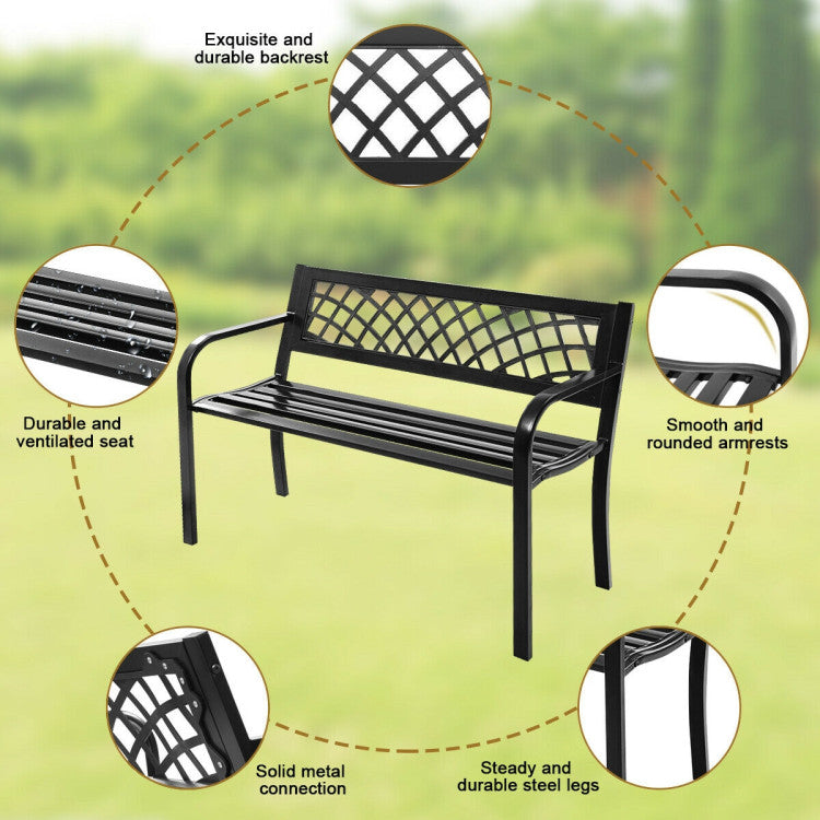 Lattice Black Metal Outdoor Patio Bench