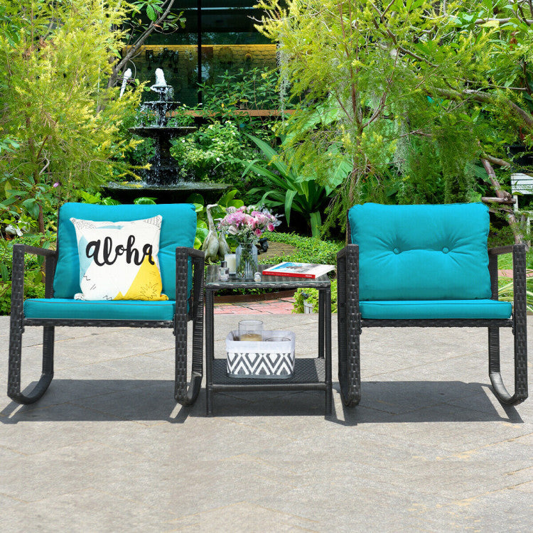 Black 3-Piece Wicker Outdoor Bistro Set with Green Cushions
