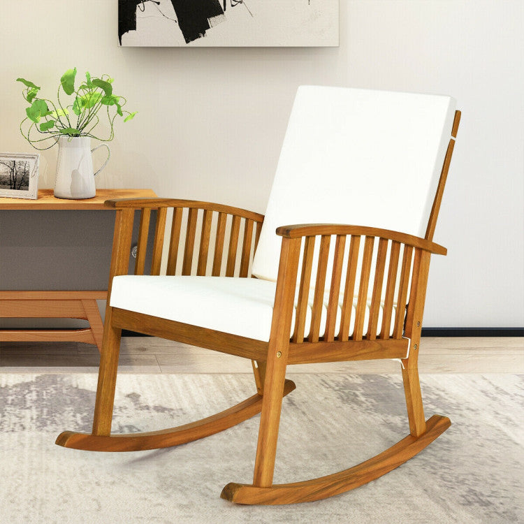 Acacia Wood Outdoor Rocking Chair with White Cushions