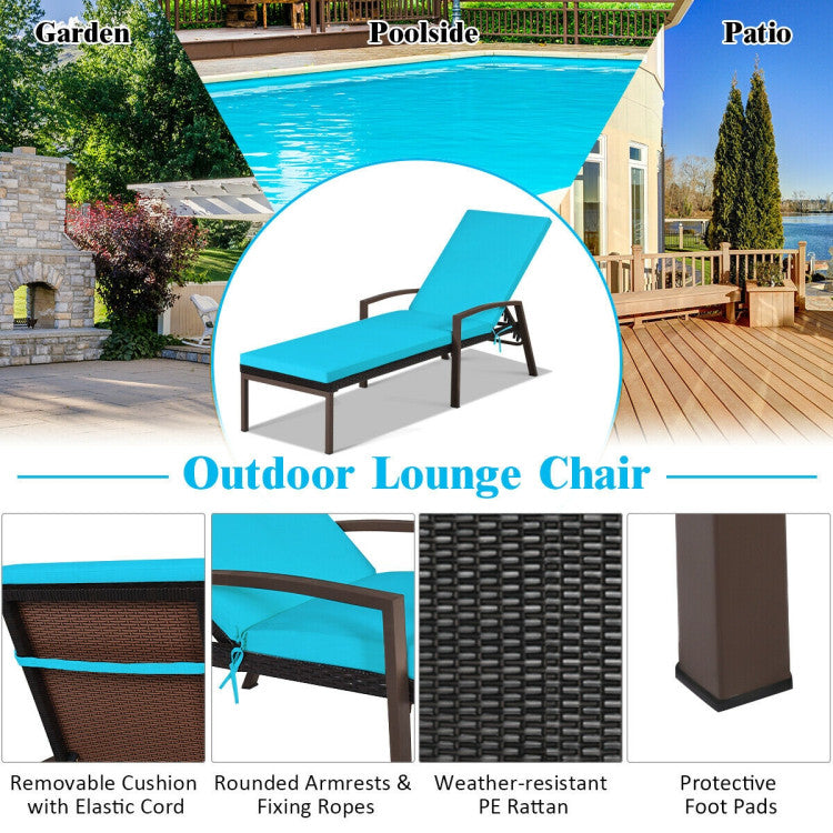 Brown Wicker Outdoor Patio Chaise Lounge Chair Adjustable Recliner with Green Cushions