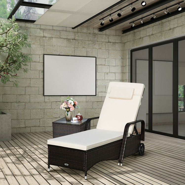 Brown Wicker Outdoor Chaise Lounge Recliner with Beige Cushions