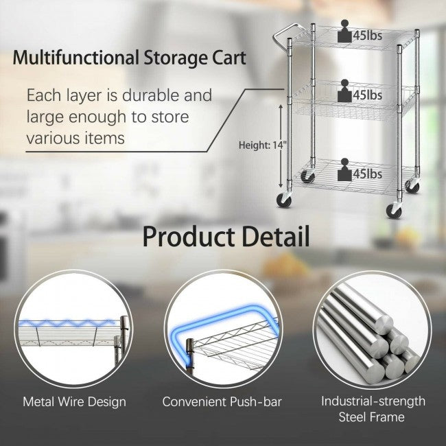 SUGIFT 3-Tier Utility Cart Heavy Duty Wire Rolling Cart with Handle Bar Storage Trolley