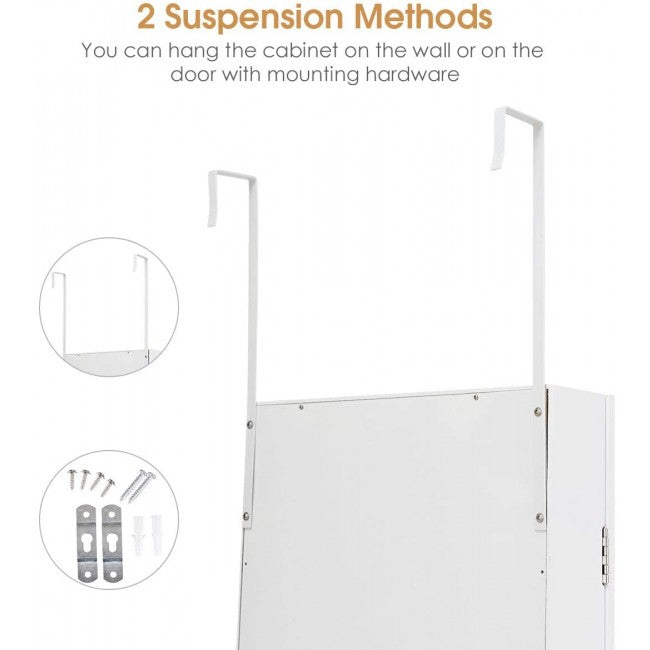 SUGIFT Wall Door Mounted Mirrored Jewelry Cabinet Storage Organizer,White