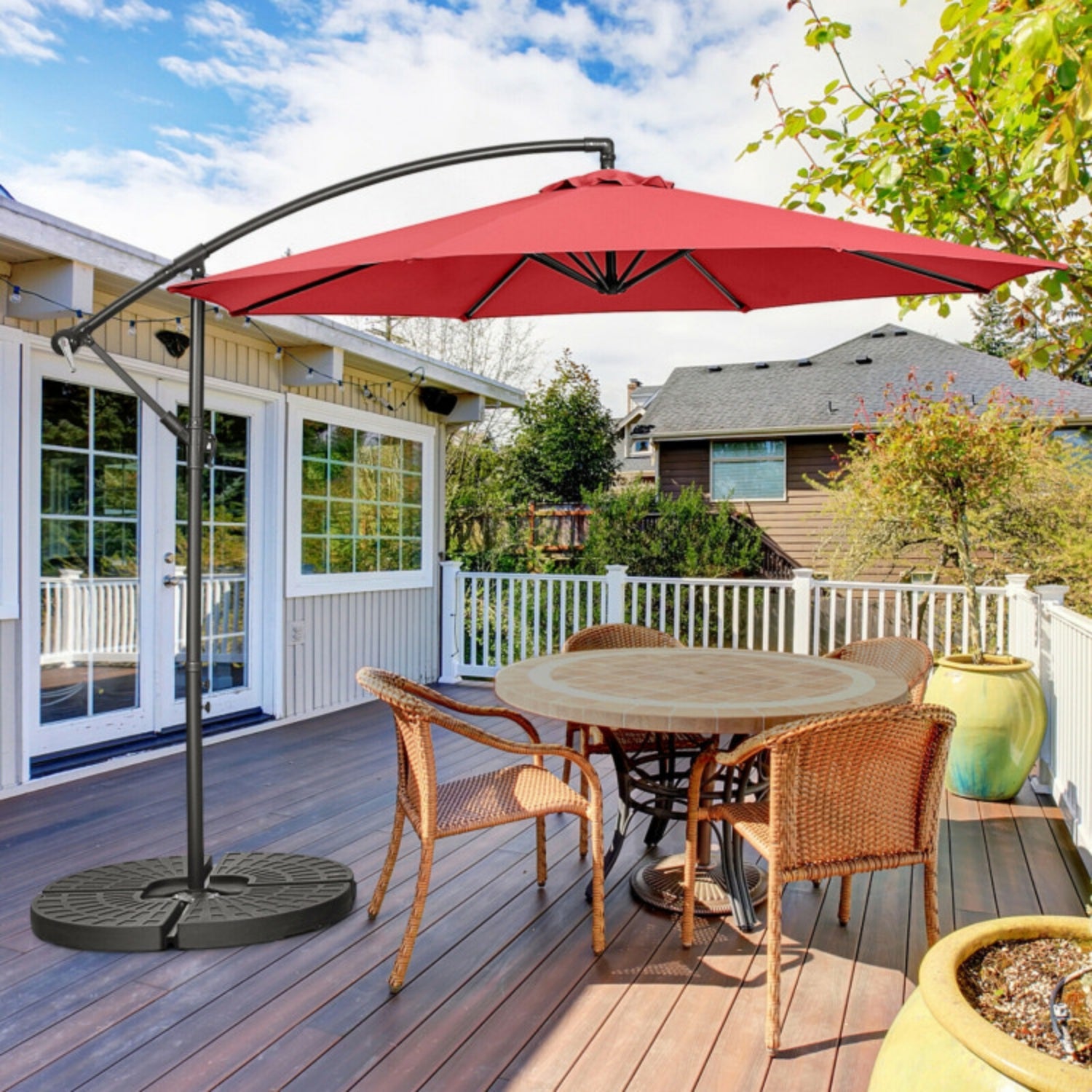 SUGIFT 10 Feet Offset Umbrella with 9 Ribs Cantilever and Cross Base,Red