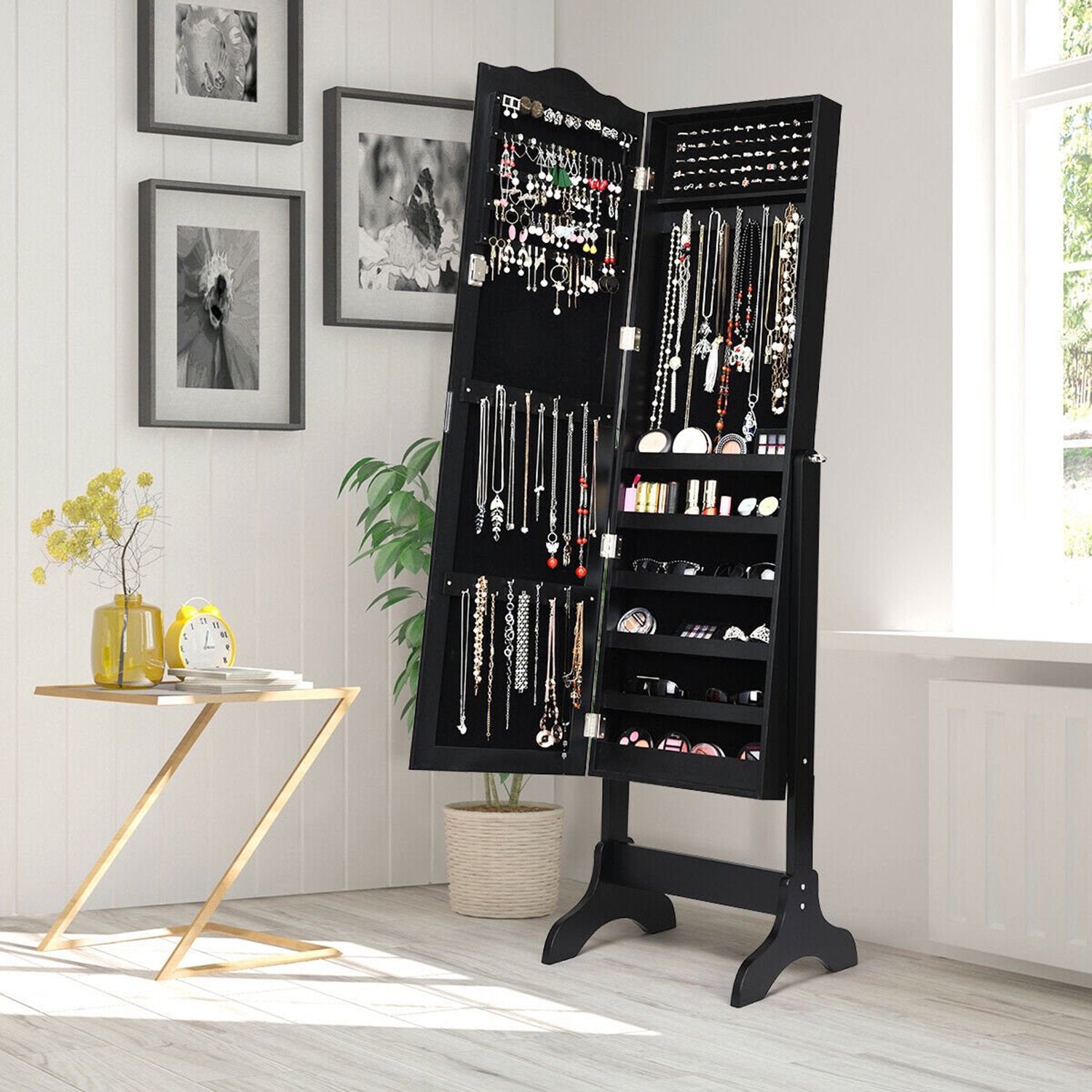 SUGIFT Mirrored Jewelry Cabinet Mirror Organizer Storage Box Stand Black