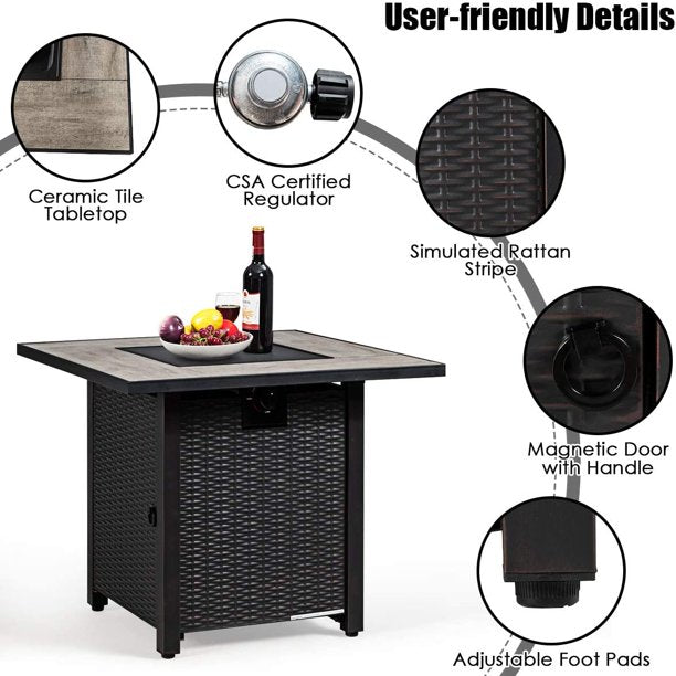 Propane Fire Pit Table, 30 inch 50000 BTU Square Gas Firepits w/ Ceramic Tabletop, Emboss Gas Heater w/ Lava Rock, Waterproof Cover
