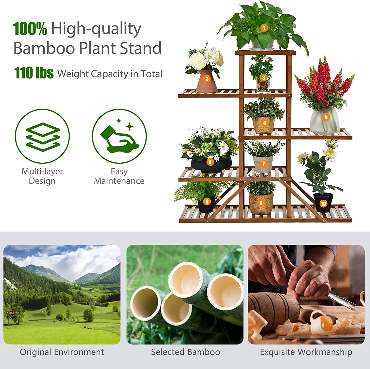 Brown Indoor/Outdoor Wood Plant Stand 10 Potted Plant Shelf Display Holder (5-Tier)
