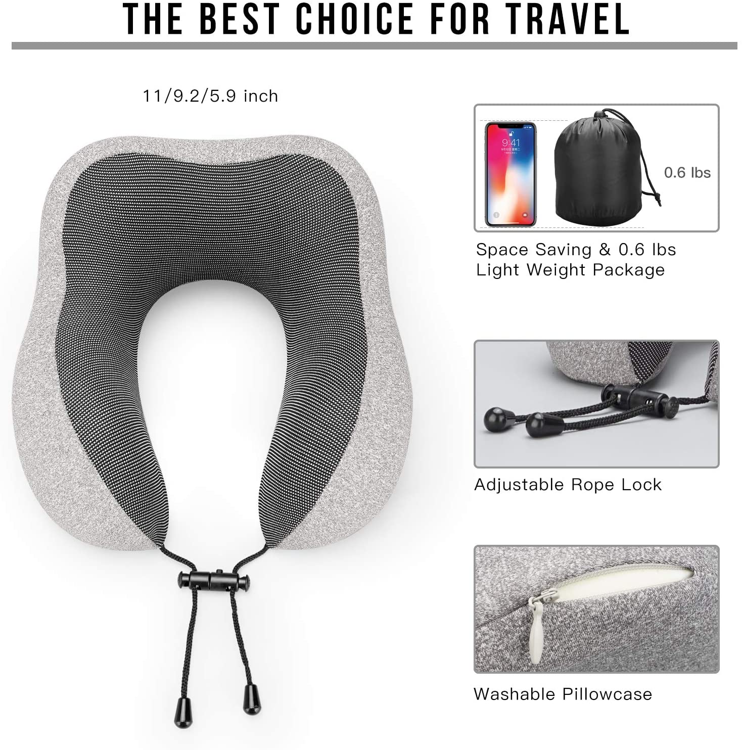 SUGIFT Travel Pillow 100% Pure Memory Foam Neck Pillow, Comfortable & Breathable Cover, Machine Washable, Airplane Travel Kit with 3D Contoured Eye Masks, Earplugs, and Luxury Bag, Standard (Grey)