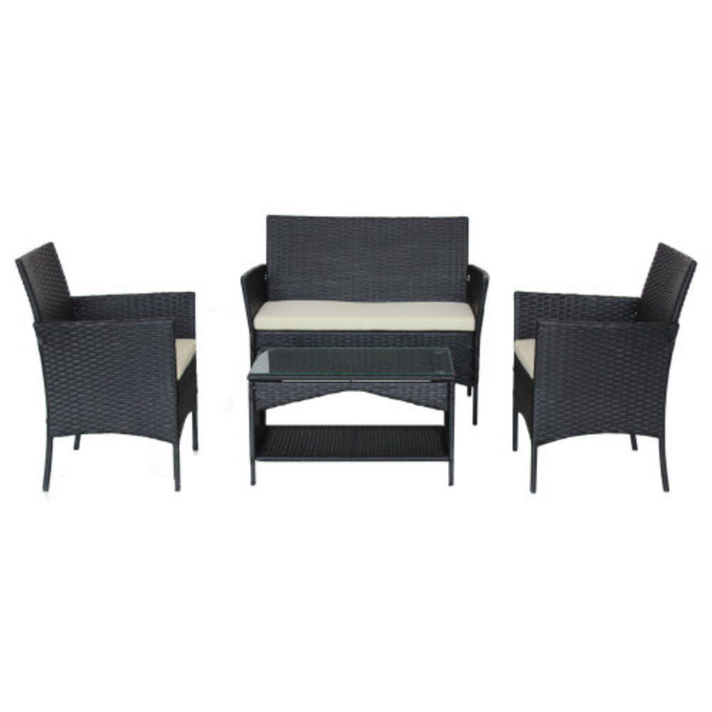 4-Piece Rattan Outdoor Conversation Seating Set with Beige Cushion and Patio Tempered Glass Table