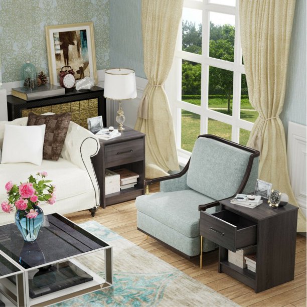 2-Tiers Wooden End Side Table Nightstand with Drawer Storage Shelf Black