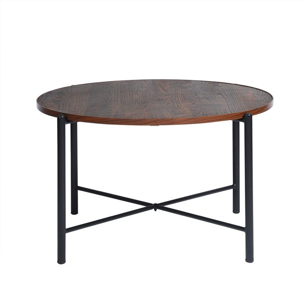 SUGIFT Coffee Table Wood Cocktail Table Tea Desk 29.7 Inch Large Round Coffee Table Solid Metal Frame Table for Living Room