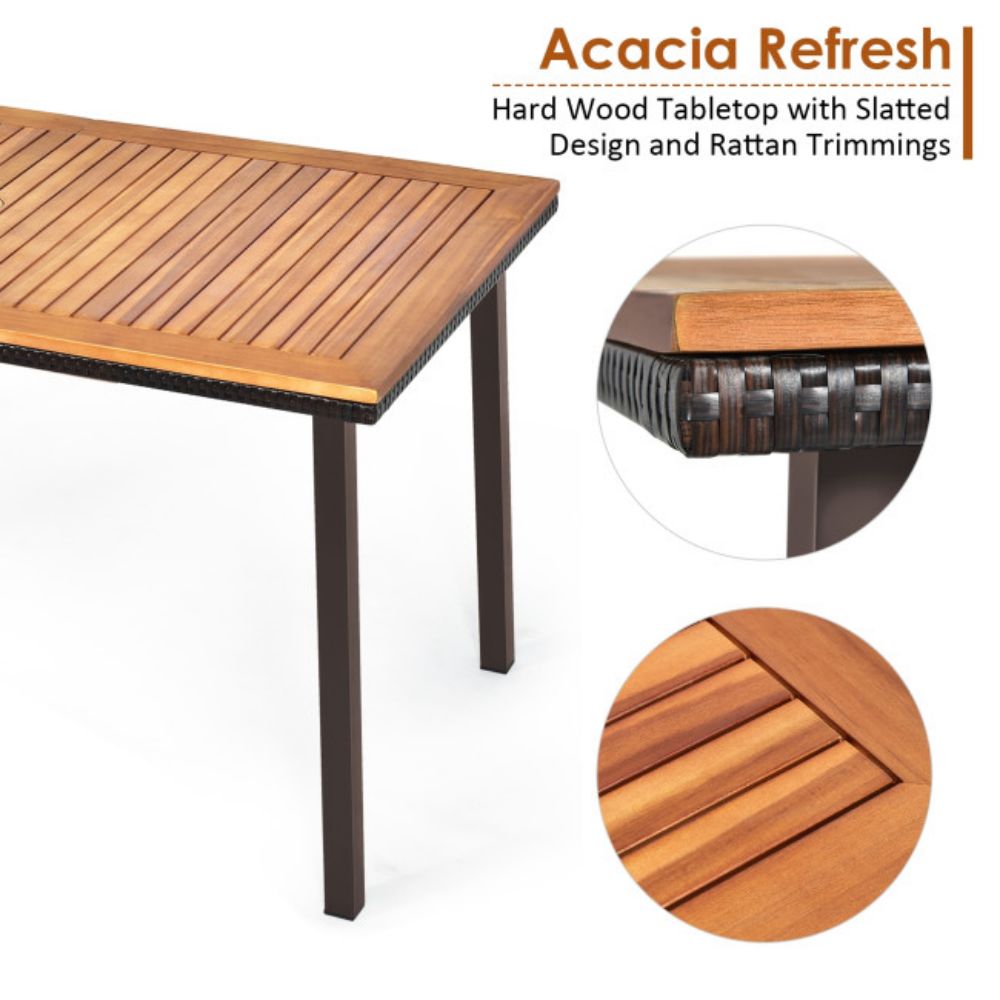 55 in. Patio Wood Rattan Outdoor Dining Table with Acacia Wood Tabletop and Umbrella Hole