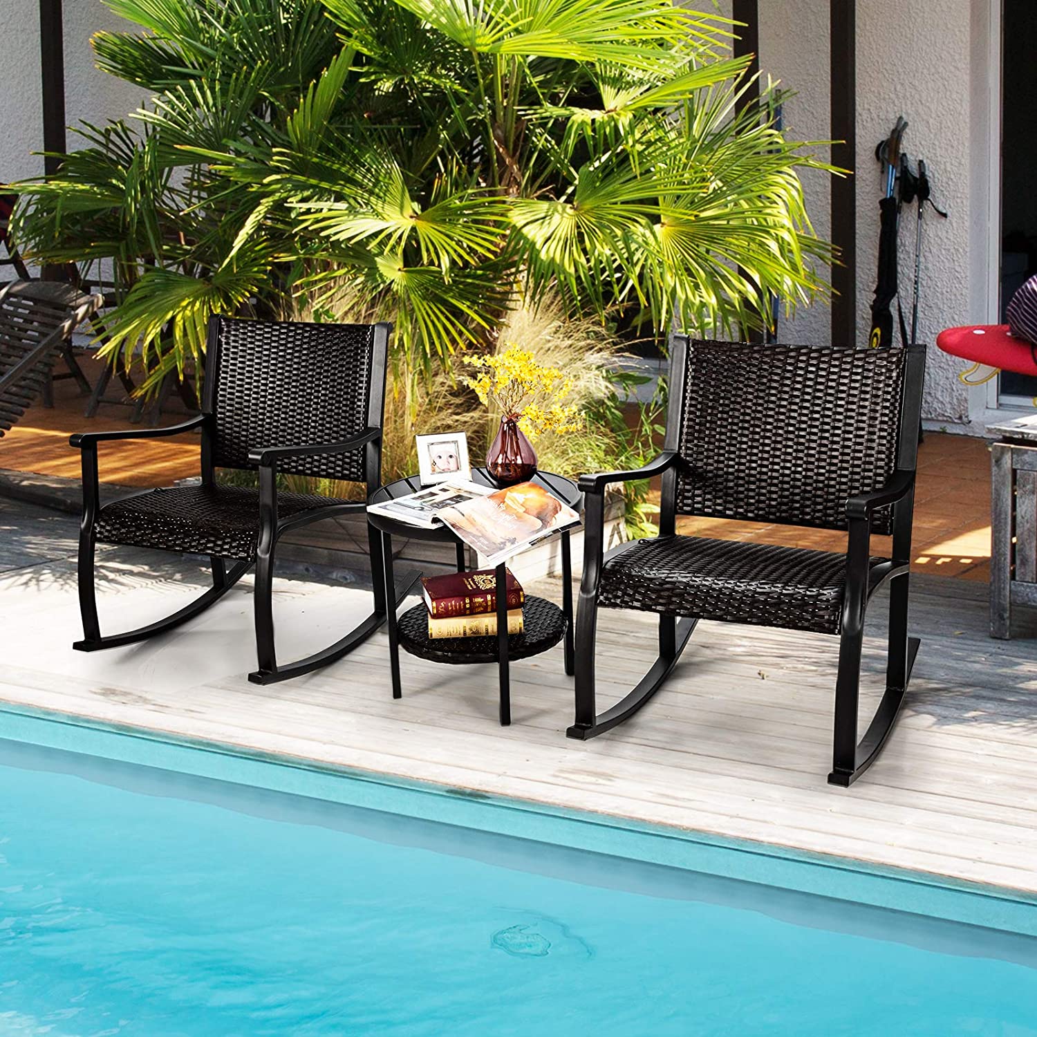 3-Piece Furniture Wicker Patio Conversation Set with Coffee Table and Rocking Chairs