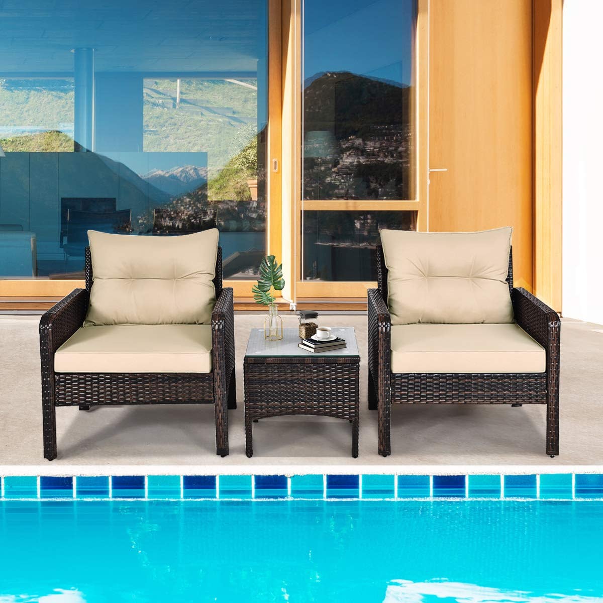 3-Pieces Outdoor Wicker Patio Conversation Furniture Set with Beige Cushion
