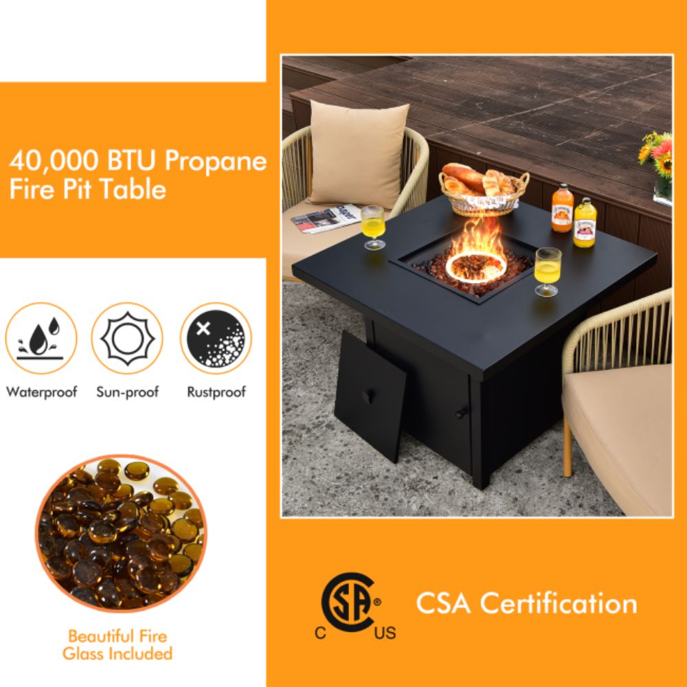 32 in. Outdoor Steel Square Propane Gas Fire Pit Table with Lid and Fire Glass