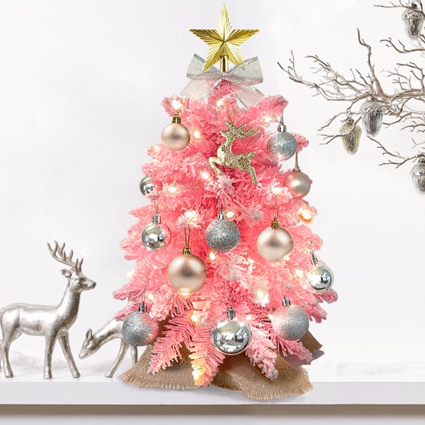 SUGIFT Exquisite Christmas Tree with Lights, 2ft Small Tabletop Mini Pink Artificial Xmas Tree with Christmas Ornaments