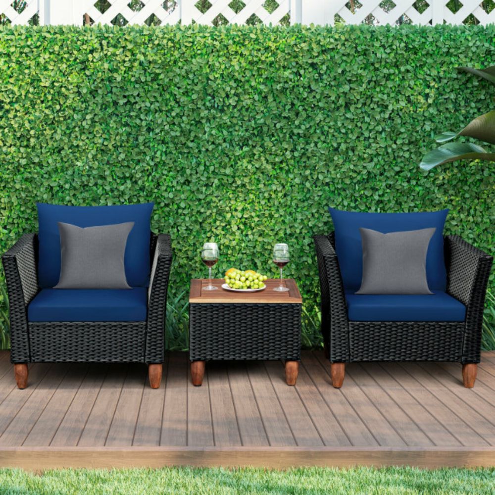 3-Pieces Rattan Outdoor Patio Conversation Set with Navy Cushions
