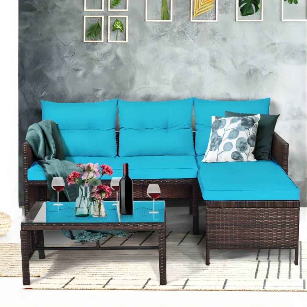 3-Piece Wicker Outdoor Corner Sectional Sofa Set with Turquoise Cushions and Coffee Table