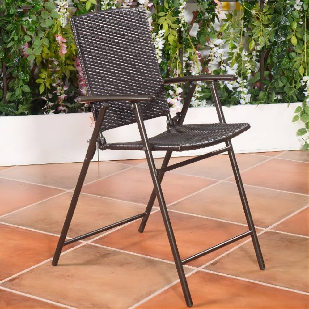 Folding Rattan Wicker Outdoor Bar Stool Chair with Footrests and Armrests for Outdoors and Indoors (4-Pack)