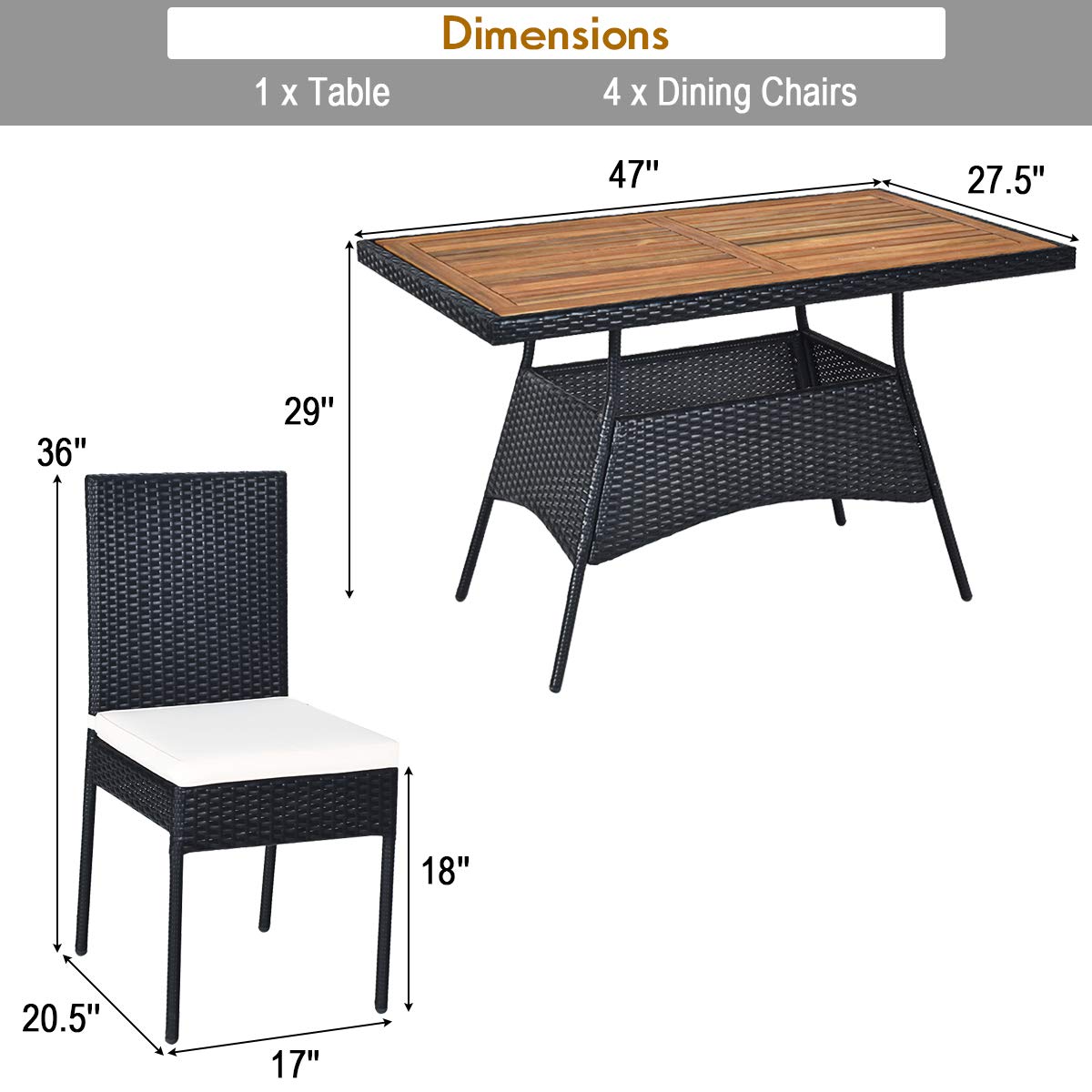 Black 5-Piece Wicker Rectangle Outdoor Dining Set with White Cushion and Arm Chair