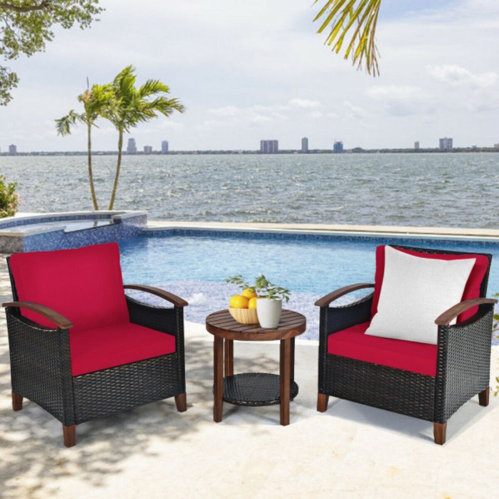 3-Pieces Outdoor Wicker Wooden Frame Patio Conversation Furniture Set with Red Cushion